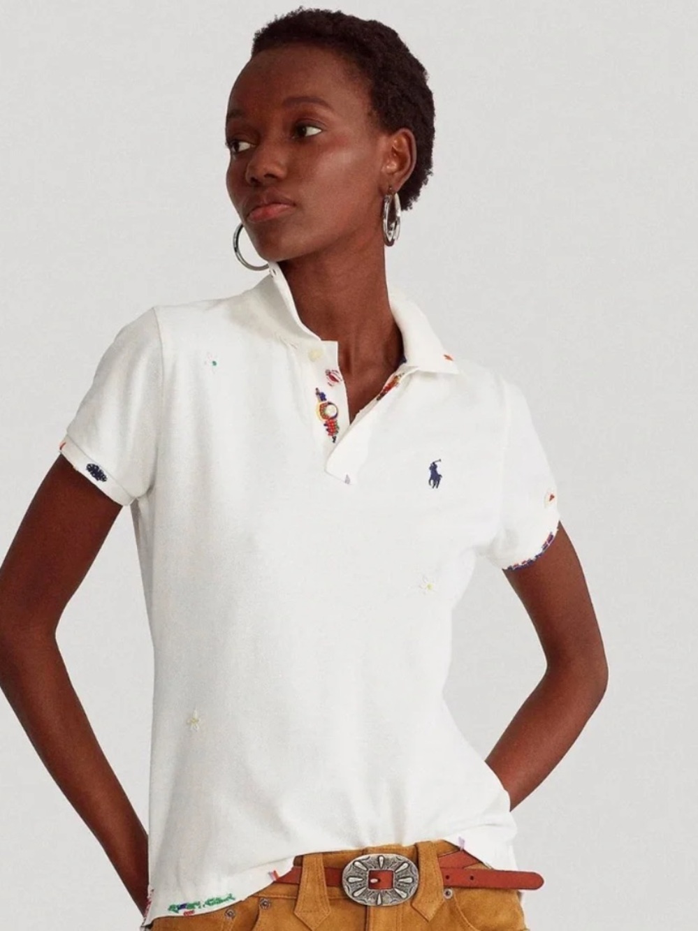 Ralph Lauren White Short-Sleeve Polo with Navy Pony and beaded embelishments